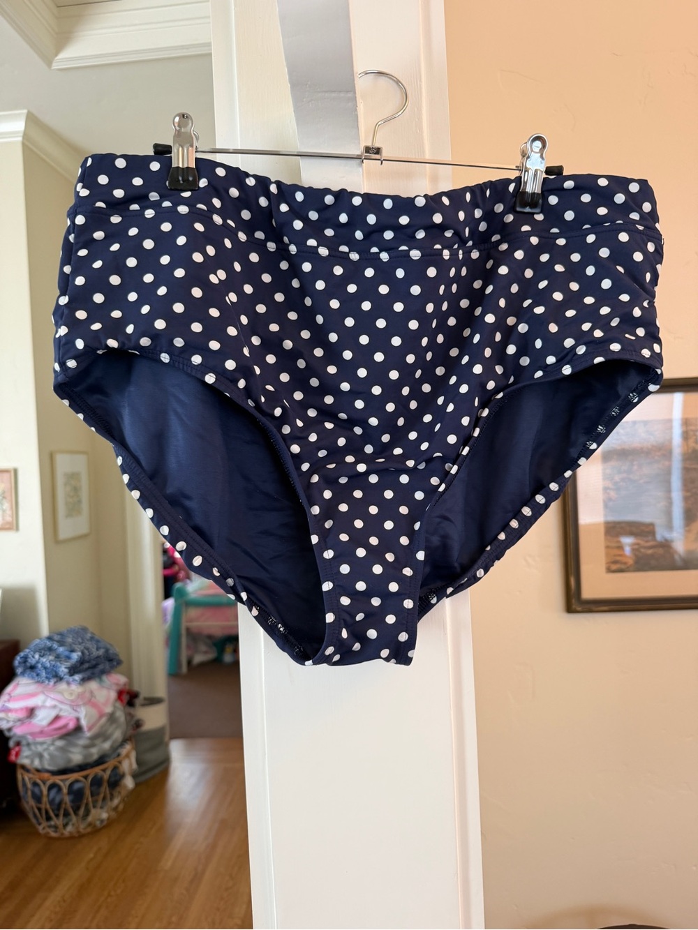 Lands' End Navy Blue Polka Dot High Waist Swim Bottoms